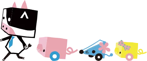 ウシトラのキャラクター：ネクタイをつけたウシ、車輪のついたピンクと黄色の豚・ネズミのようなキャラ