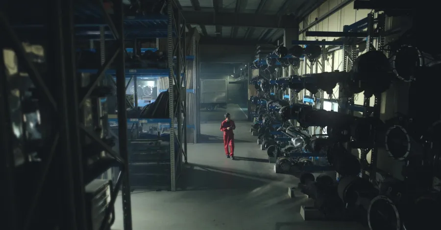 写真:トラックのパーツが整然と並べて置かれている倉庫の様子